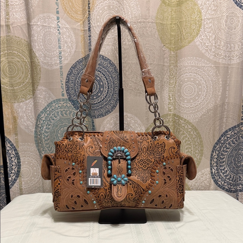 Carved Brown Shoulder Bag with Turquoise Buckle Accent